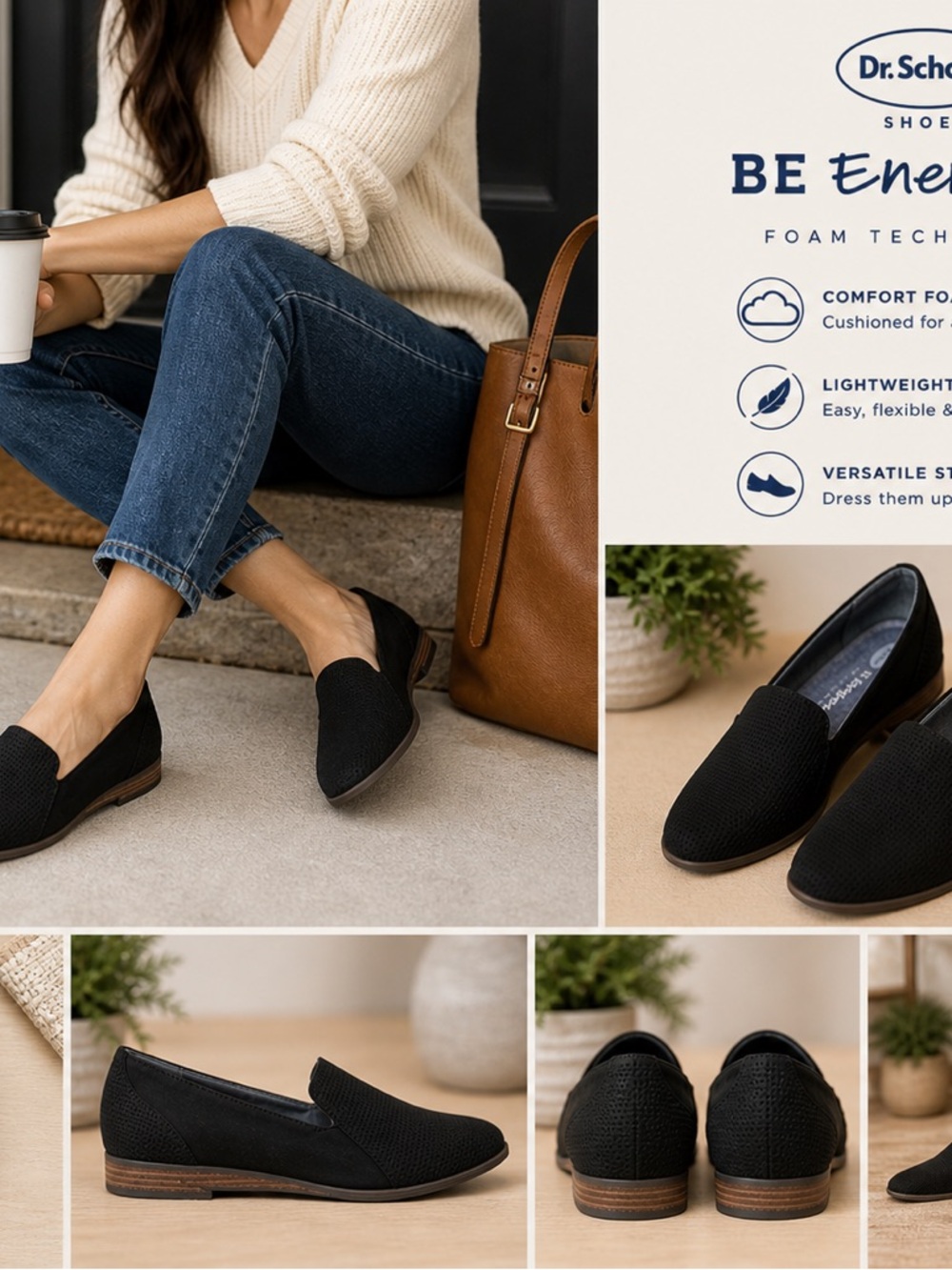 Dr Scholls Be Energized Flats Women 8.5 Black Slip On Loafers Comfort Faux Suede